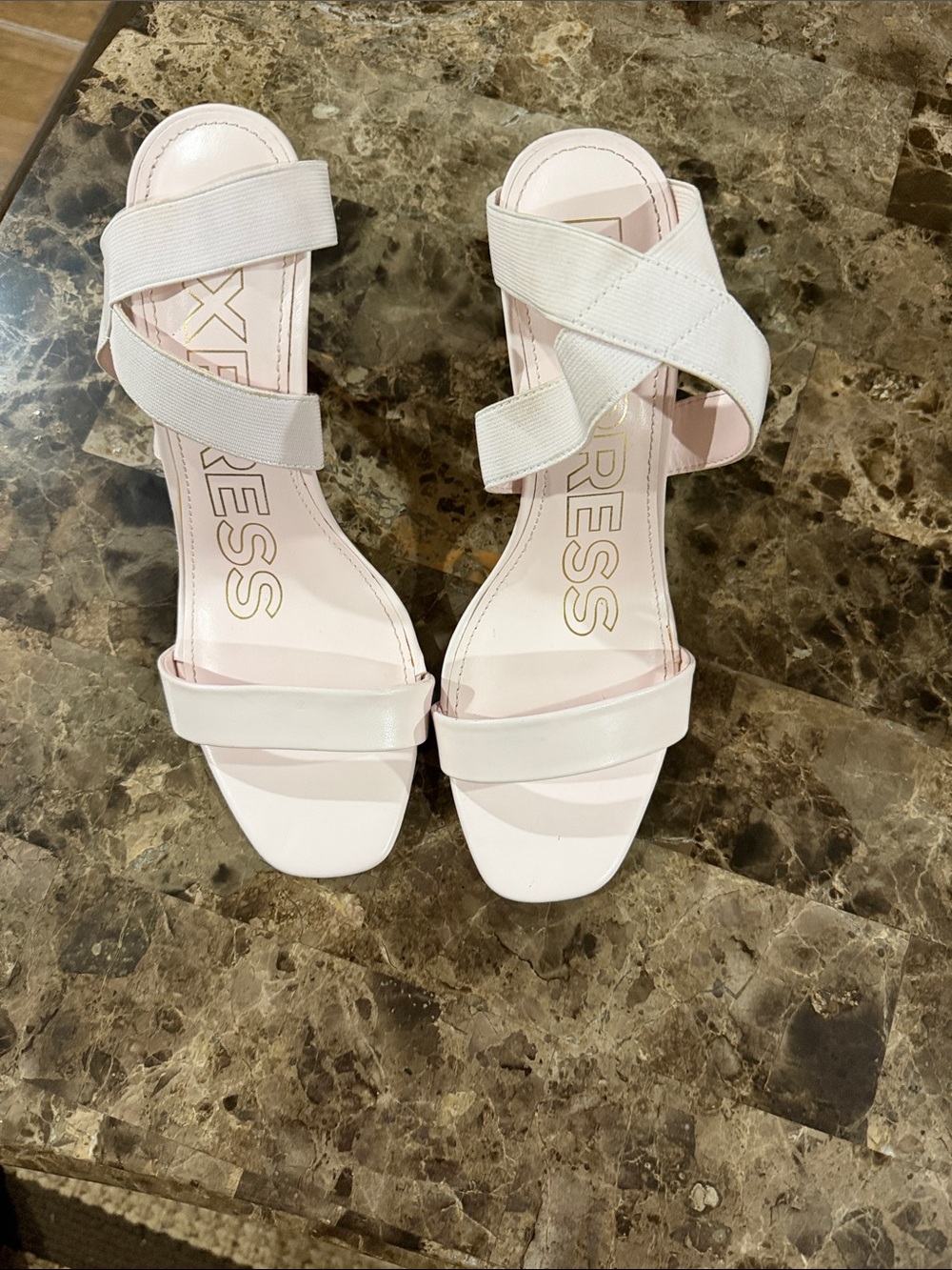 Express Pink-White Crisscross Strap Heeled Slides